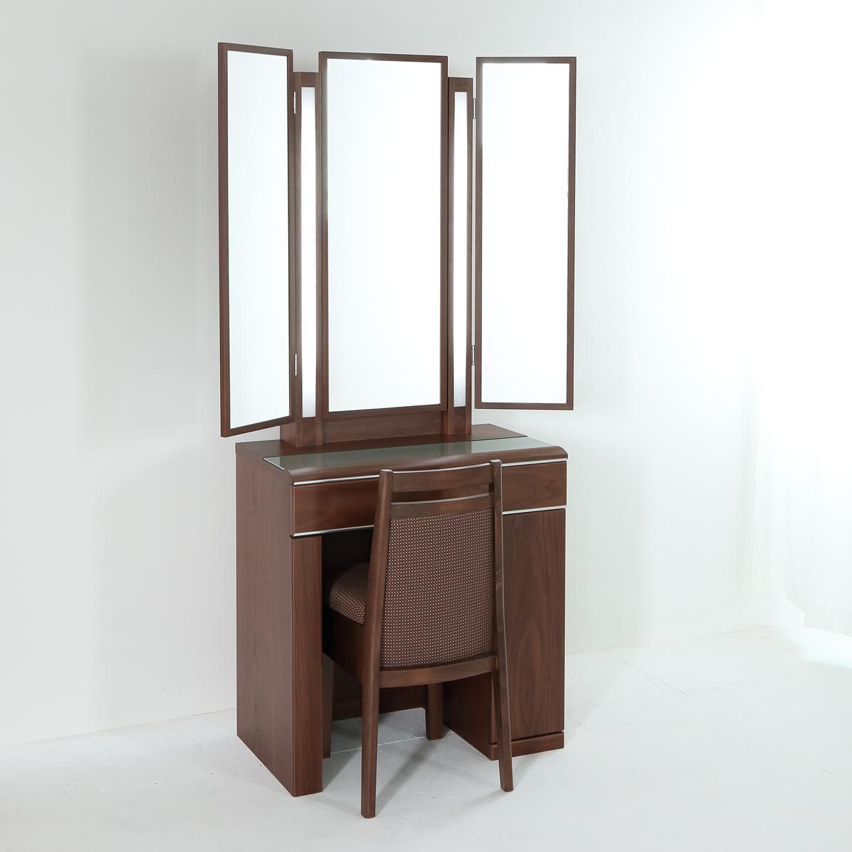 ルフラン片袖・ライトアップ女優ミラー（ウォールナット）7分三面鏡