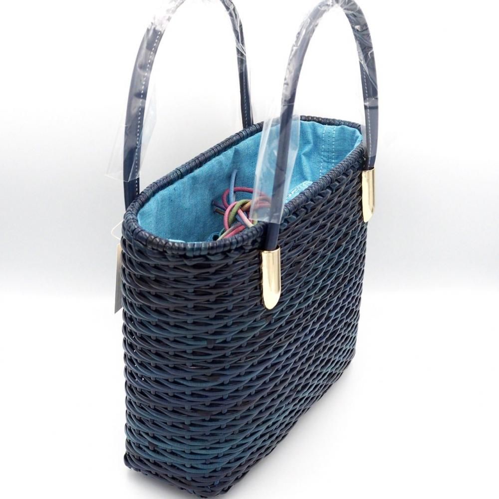 皮籐かごバック（小判型・青・革ハンドル） - たくみ工芸