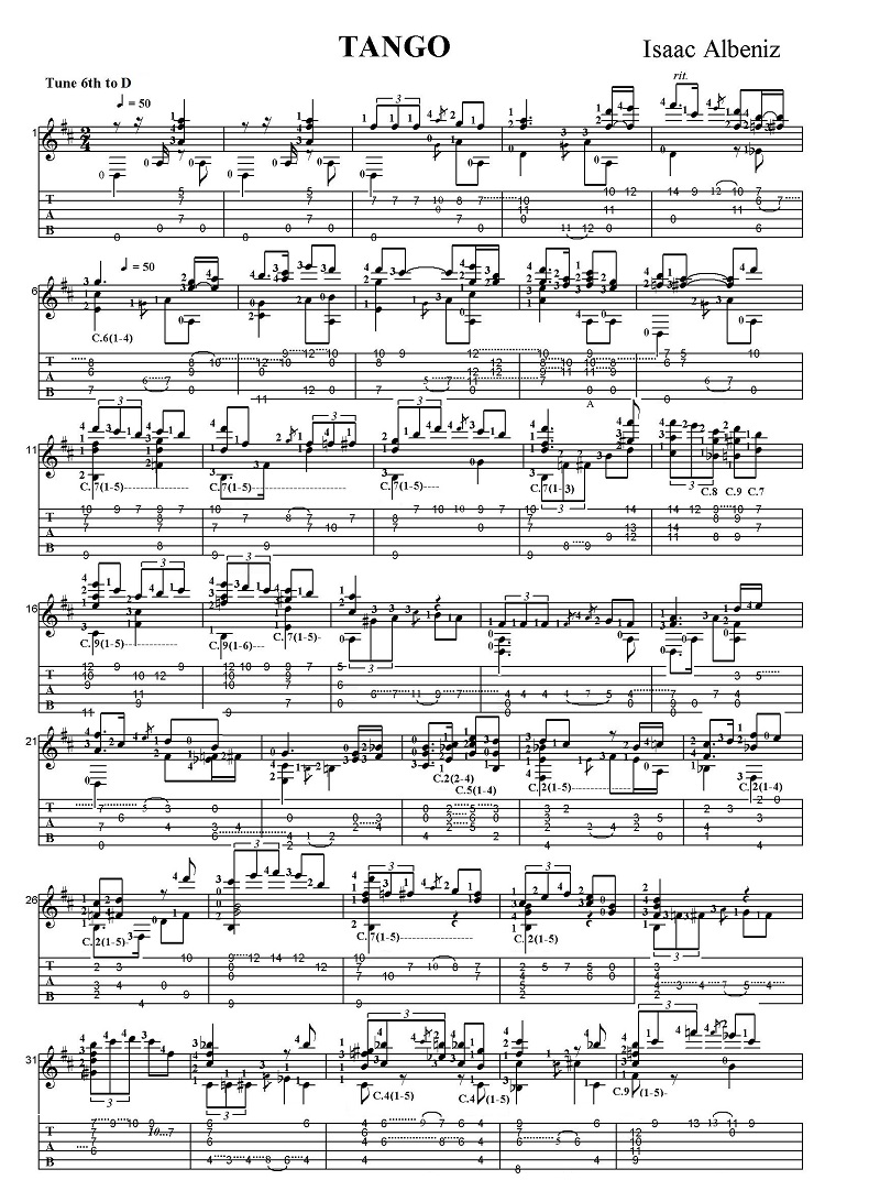 タブ譜付き楽譜 イサーク・アルベニス タンゴ Sheet music with Tab