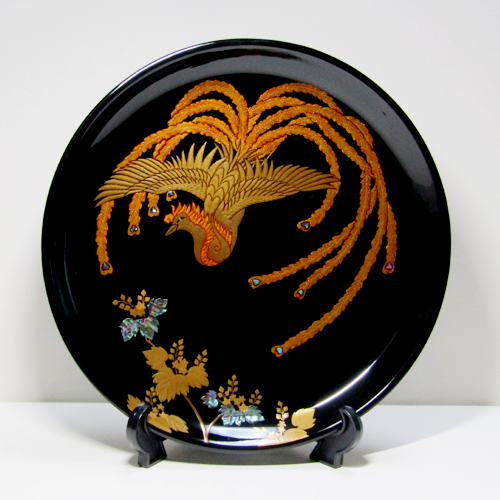 輪島塗 飾り皿 -鳳凰の高蒔絵仕上げ- [内外面とも黒色] 螺鈿(ラデン