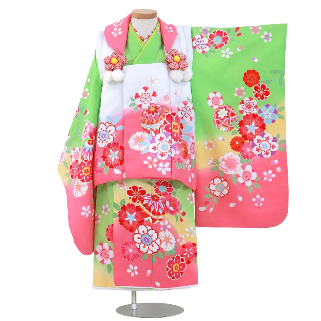 黄緑色に桜と鞠の被布コートセット／七五三・三歳女の子 | 宅配着物