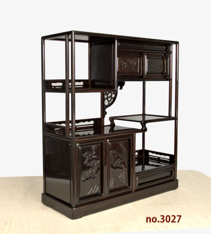 飾り棚 :黒檀 隅丸 4枚戸 彫り入り 3.5尺棚 no.3027 / 唐木家具OSAKA