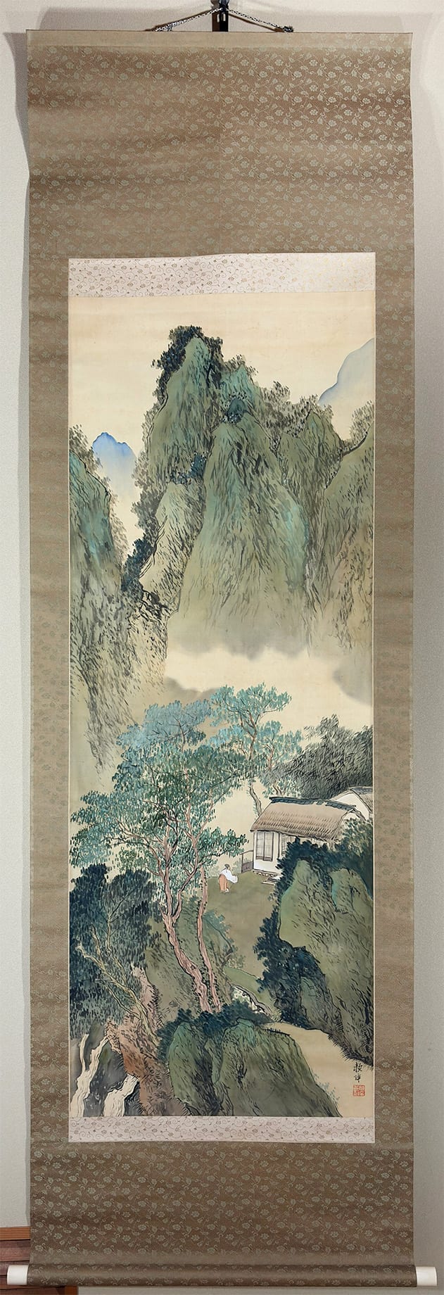 鑑定 日本画・在銘【湘香】 青緑山水図 掛軸 模写 絹本 掛け軸 大