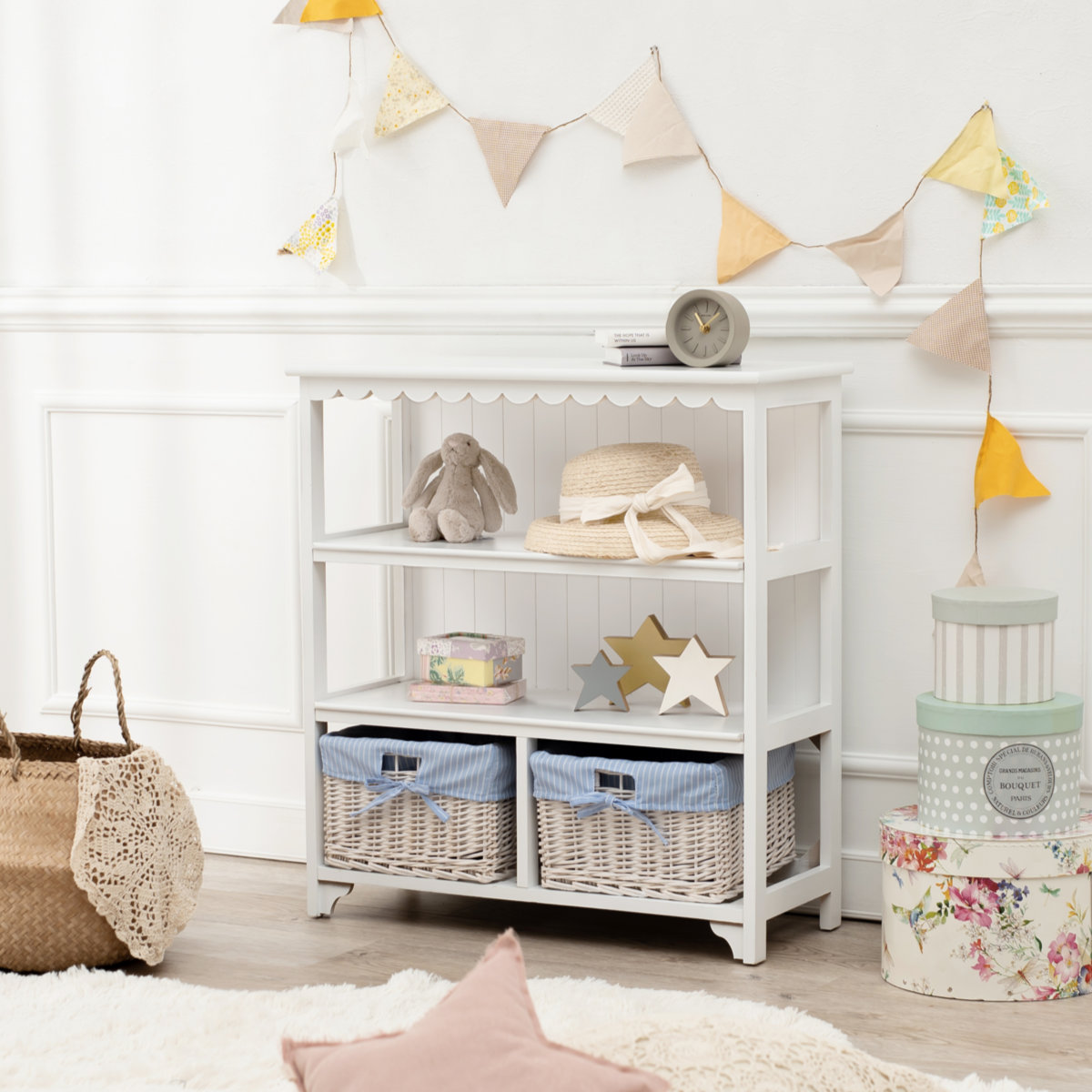 オープンラック 3段 編みカゴ 引出し2杯 姫系 カントリー調 幅70cm