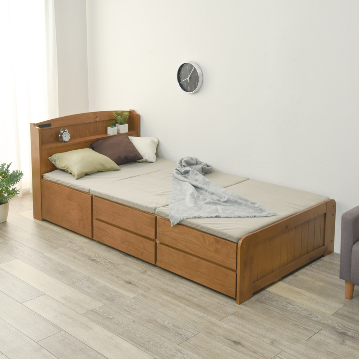 ベッド セミダブル チェスト付き 2段 宮棚 すのこ （ ベット 天然木