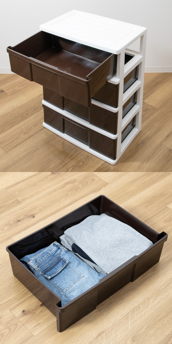 収納ケース ワイド収納ケース 4段 引き出し ブラウン キャスター付き