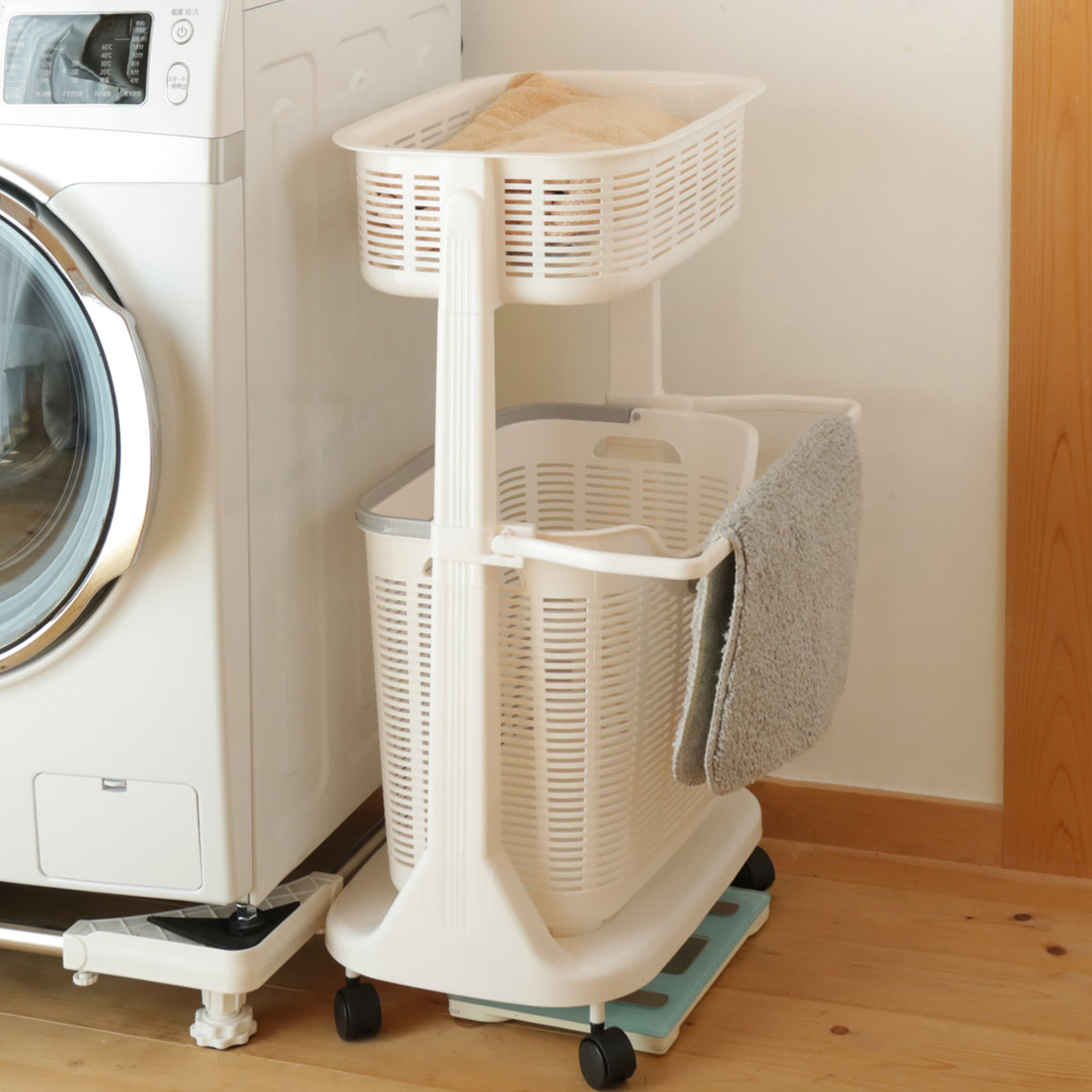ランドリーバスケット バスマット干し付き 2段 洗濯かご （ ランドリー