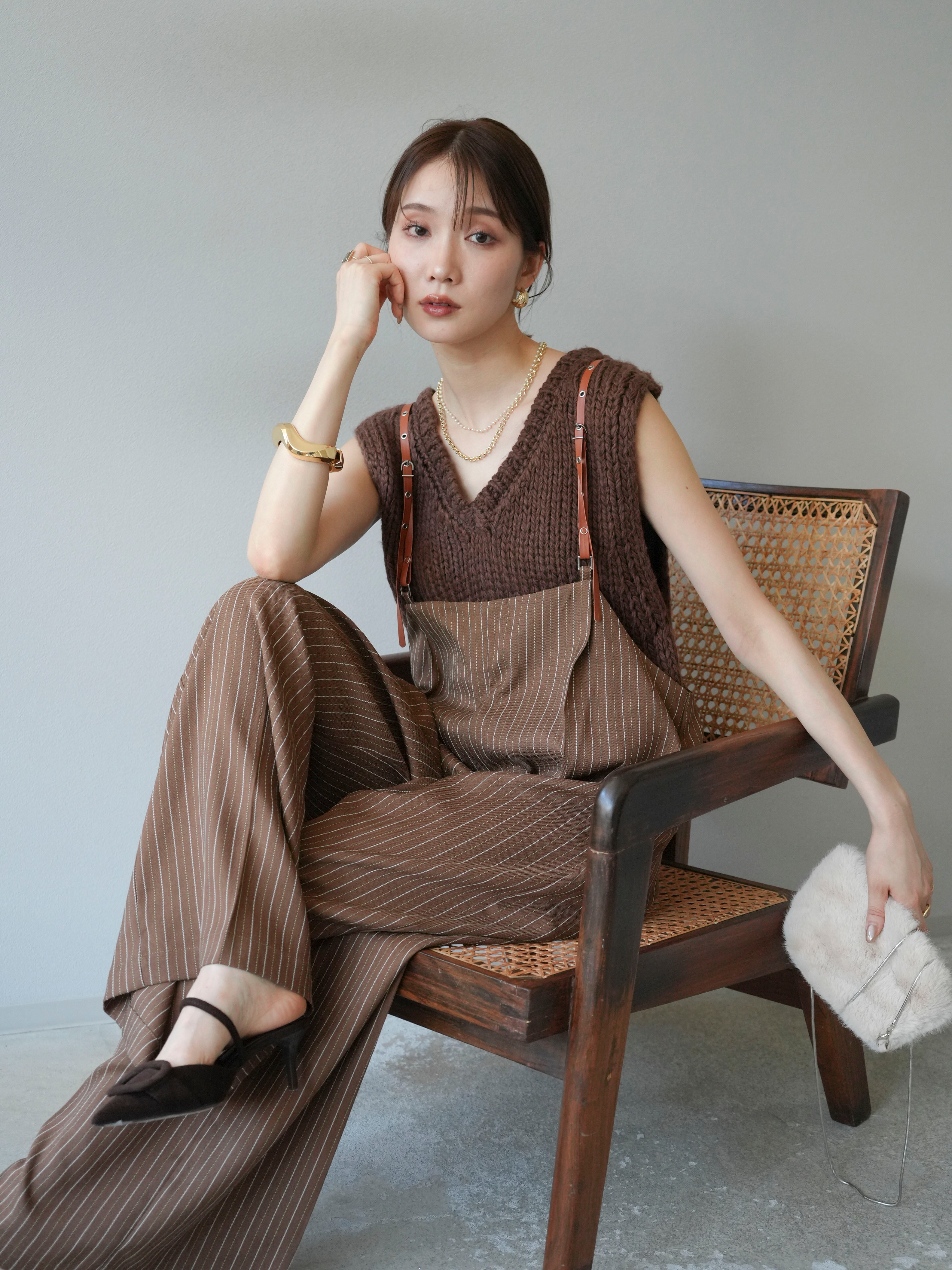 予約]ヘリンボーンストライプサロペット/ブラウン – Lumier