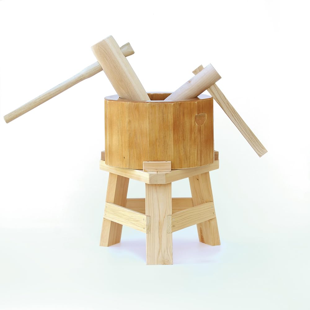 Amazon | 【木台付き】餅つきセット 1升用 木製ミニ臼＋キネ2本