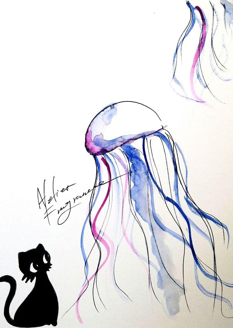 原画#3465 黒猫 薔薇 ベネチア 雨 絵画 水彩画 ドローイング