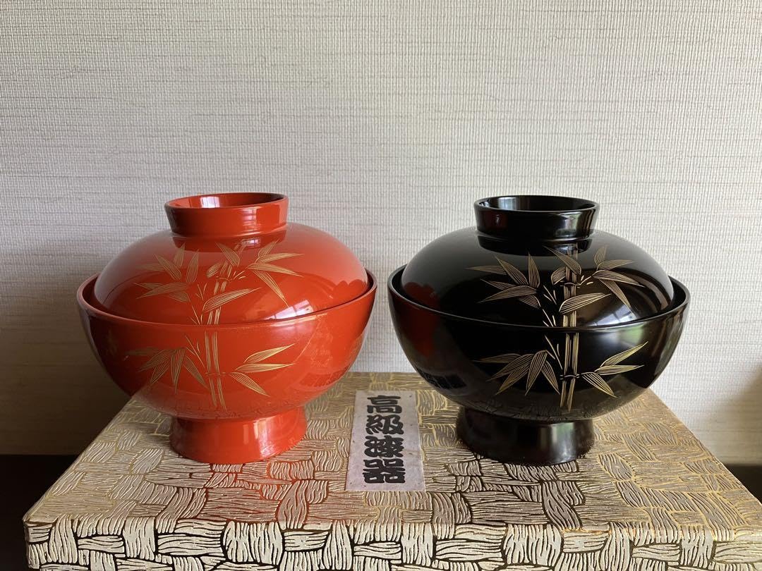 Amazon.co.jp: 輪島塗 沈金 竹 夫婦椀 蓋付お椀 お椀 汁椀 吸物椀 2客