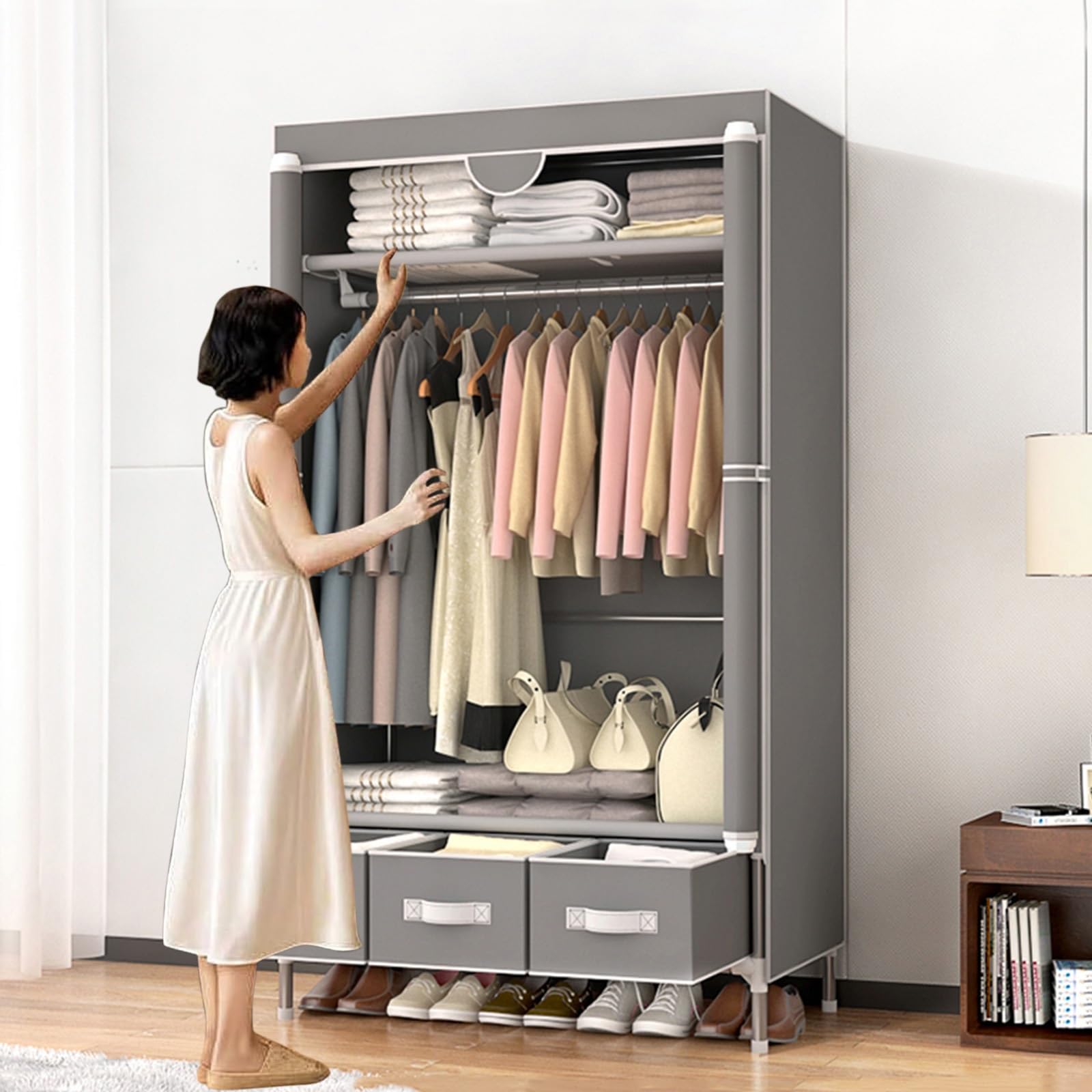 Amazon｜ワードローブカバー付き おしゃれ クローゼット 洋服 収納 棚