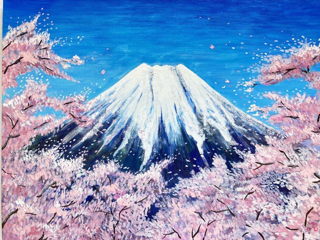 Amazon.co.jp: 花の絵 風景画 桜 富士山 アクリル画 原画 桜吹雪の