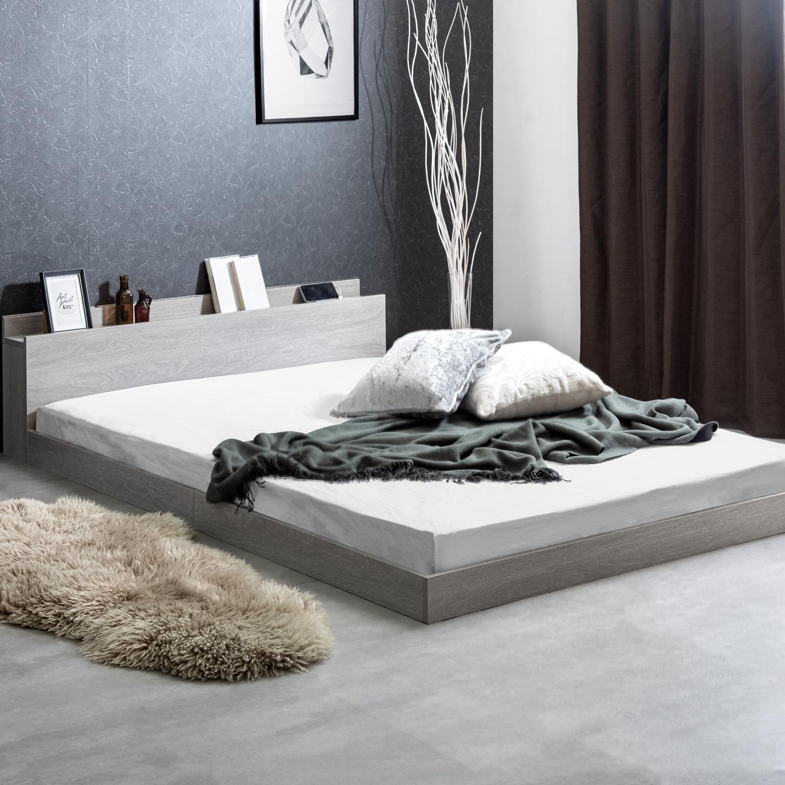 Amazon｜タンスのゲン ベッド フレームのみ ダブル 宮棚付 ローベッド