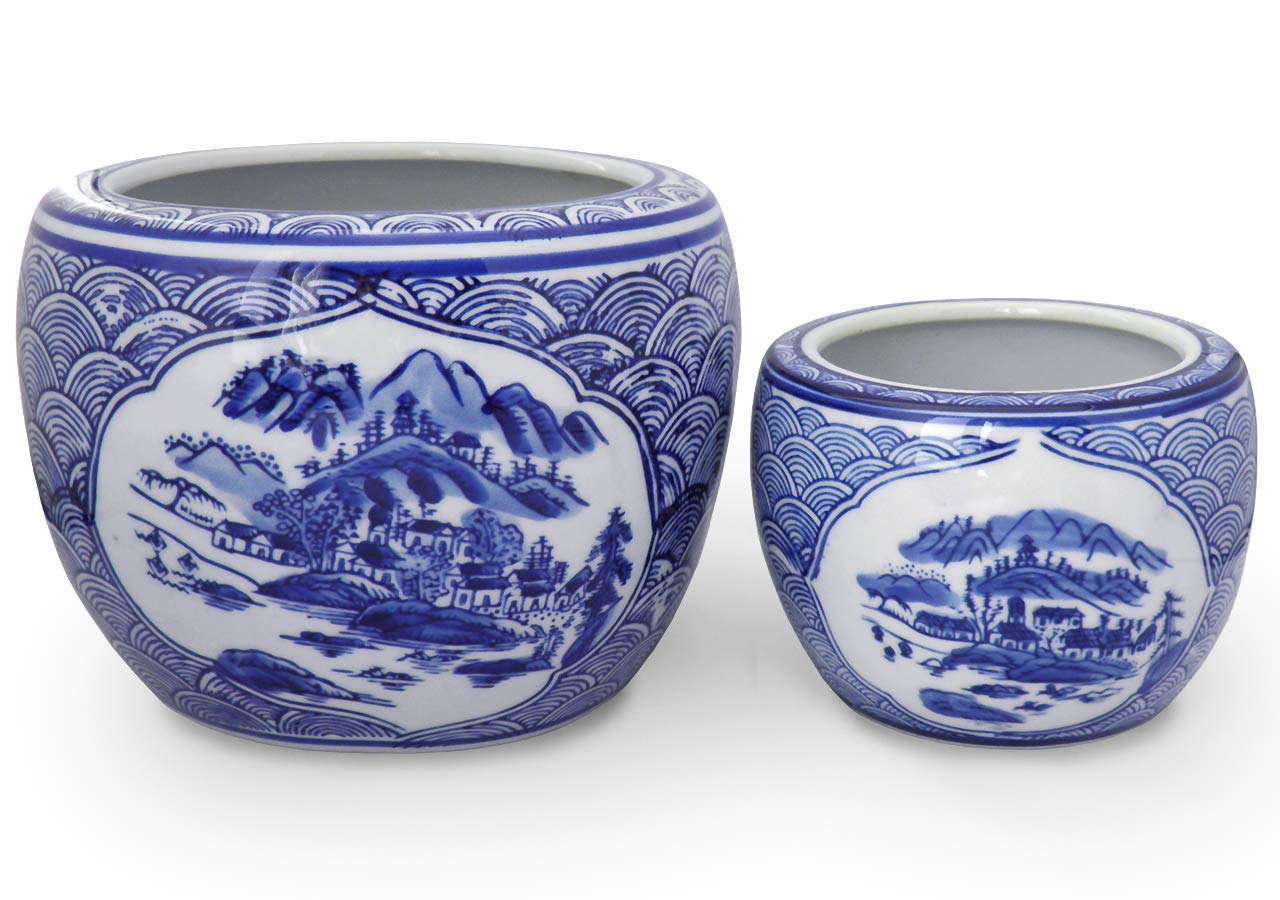 Amazon.co.jp: 火鉢 2点セット 小型 ミニ火鉢 山水 青海波 染付 陶器