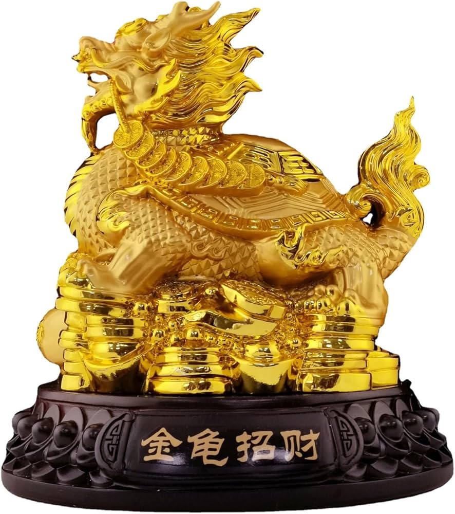 Amazon.co.jp: 中国の龍亀風水像、2024年新年の龍の像10インチの金色の