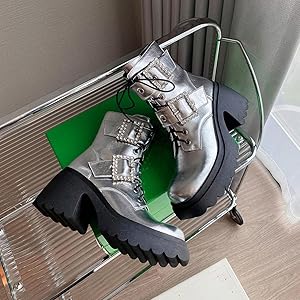 Amazon | [Yj6x] ブーティ シルバー/銀 レースアップ 本革 厚底ブーツ