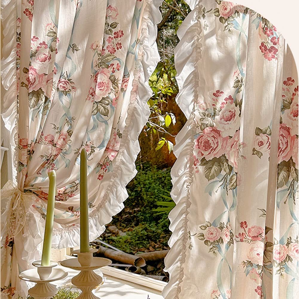 Amazon｜ピンクの花柄の寝室カーテン、縁にフリルのついたフレンチ