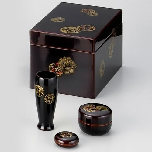茶道具 茶箱】 茶箱セット 溜真塗 花丸 (棗・香合・茶筅筒付き) 中村