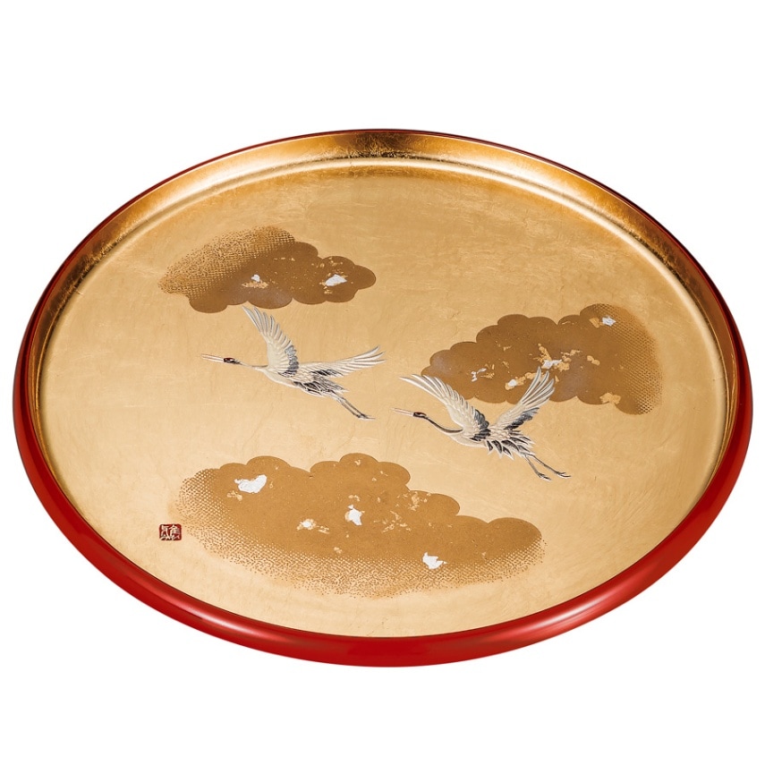 山中漆器 9.0丸盆 吉祥鶴（G） | 丸盆・菓子器 | 伝統工芸品・和風記念