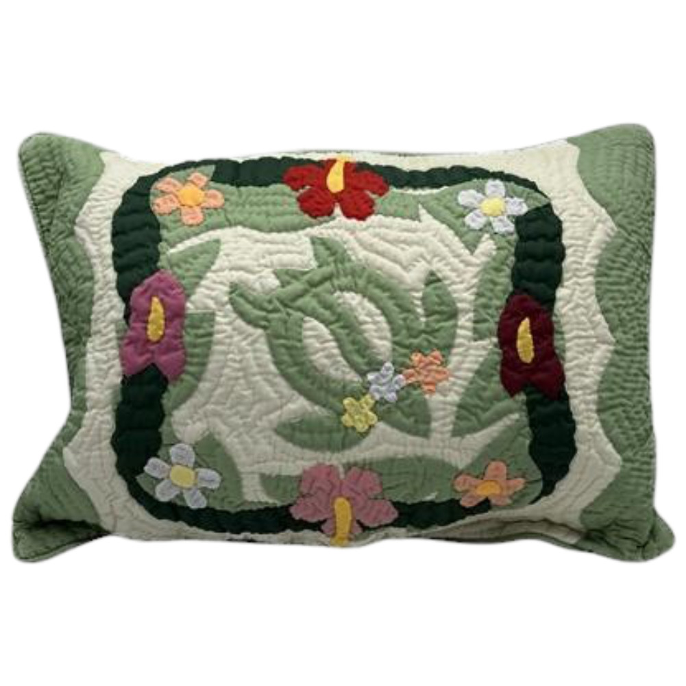 ハワイアンキルト 枕カバー グリーン ホヌ ハイビスカス 60cm×42cm