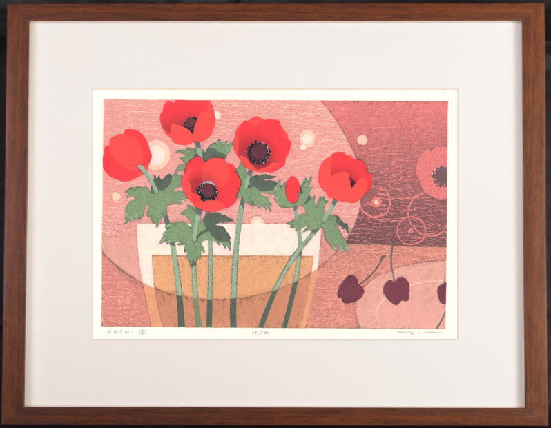 花の絵画を木版画で制作した本荘正彦のインテリアの花の絵「やわらかい