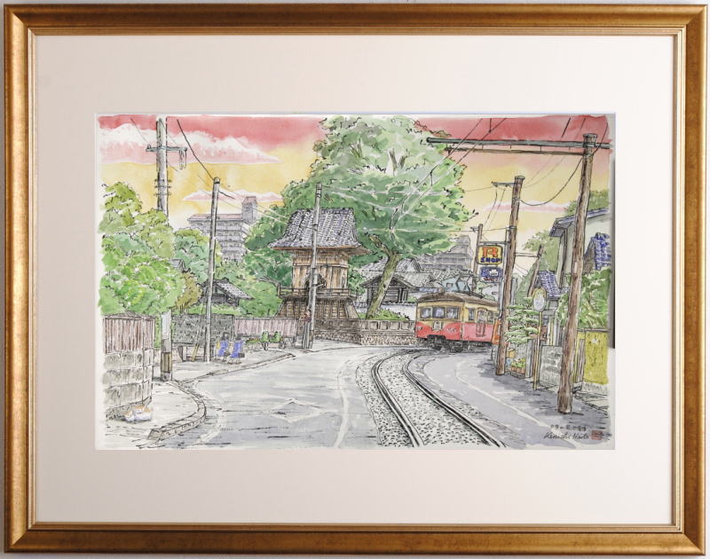 絵画の水彩画で内藤謙一が描いた熊本の絵「夕景の菊池電車」