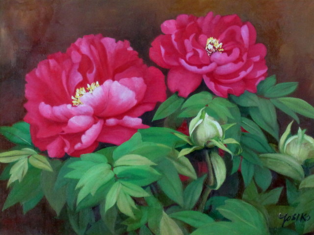 牡丹の絵 ・志村好子 「 牡丹 」（赤）油彩・F4