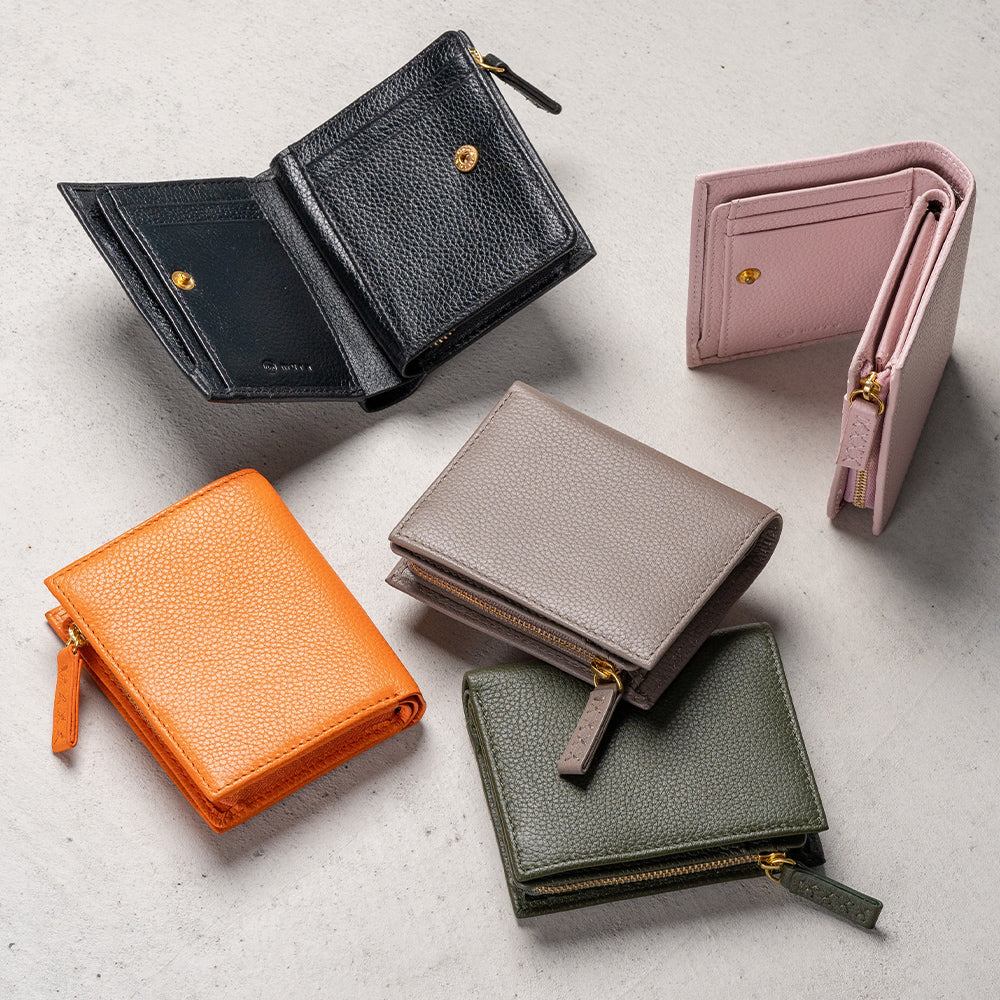 牛革 シュリンクレザー ゴールドファスナー ボタン閉じ 二つ折り財布