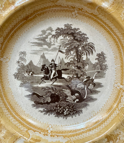 C. 1828-46 RARE Yellow Bi Color Transferware Staffordshire Soup Plate