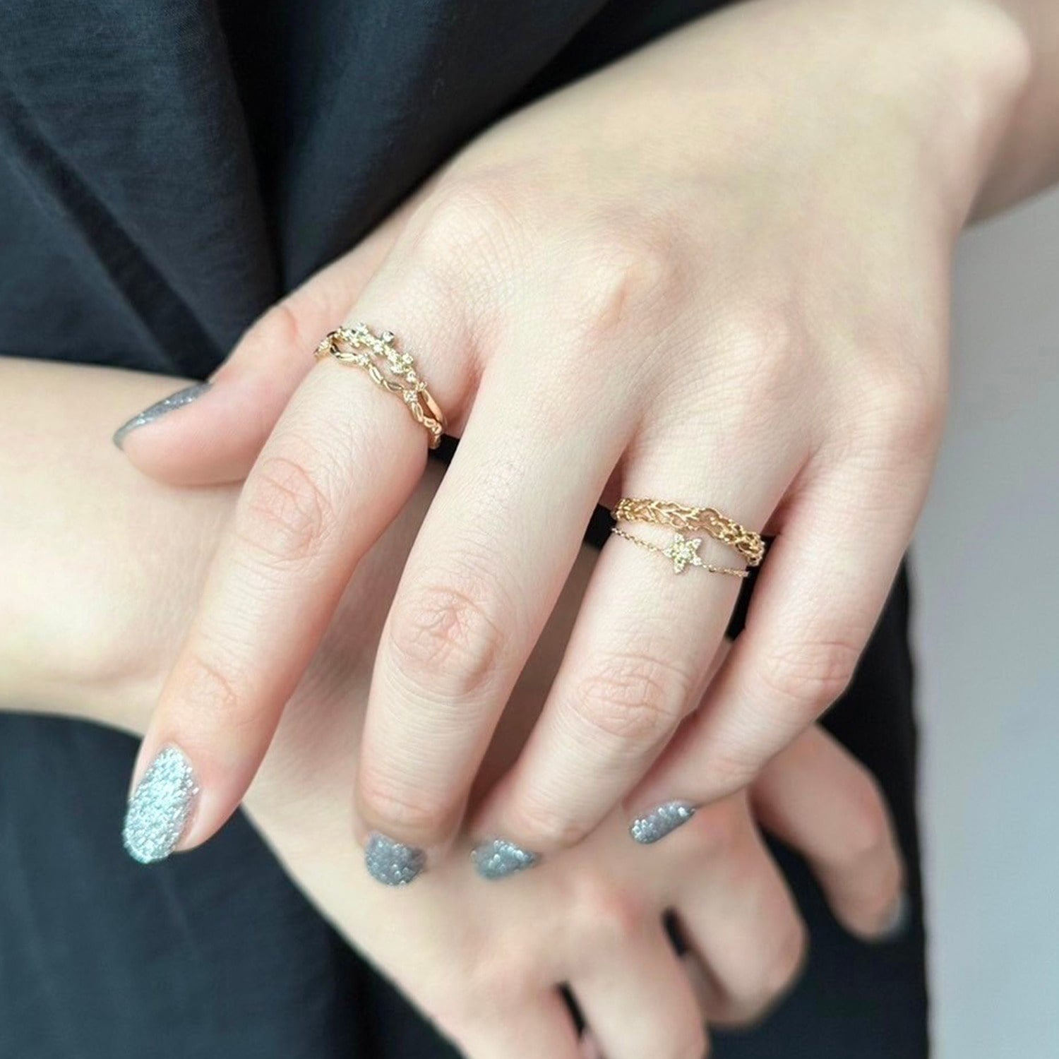 Tiny Motif】K10ダイヤモンドスターチェーンリング（0.02ct）｜リング