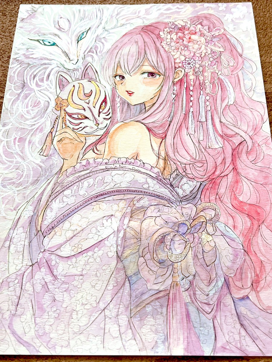 額装原画】手書きイラスト 【狐面の少女と白狐 】一点もの 白金顔彩