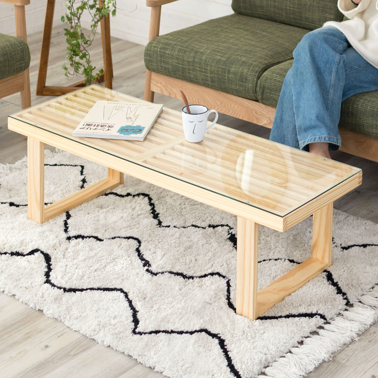 ローテーブル 木製 強化ガラス天板 幅115cm 奥行39cm スリム [91204