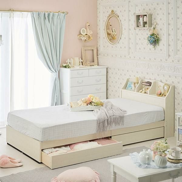 直送】ライト付大量収納ベッド(シングル/マットレス付き)｜かわいい