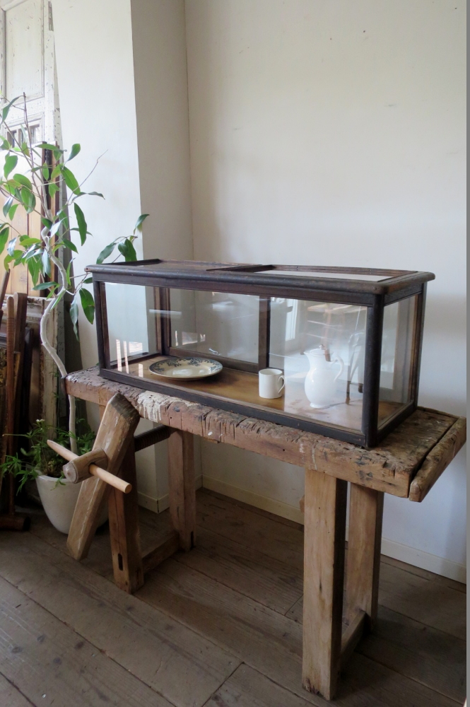 アンティーク 古い卓上ショーケース 5面ガラス 横長 店舗什器