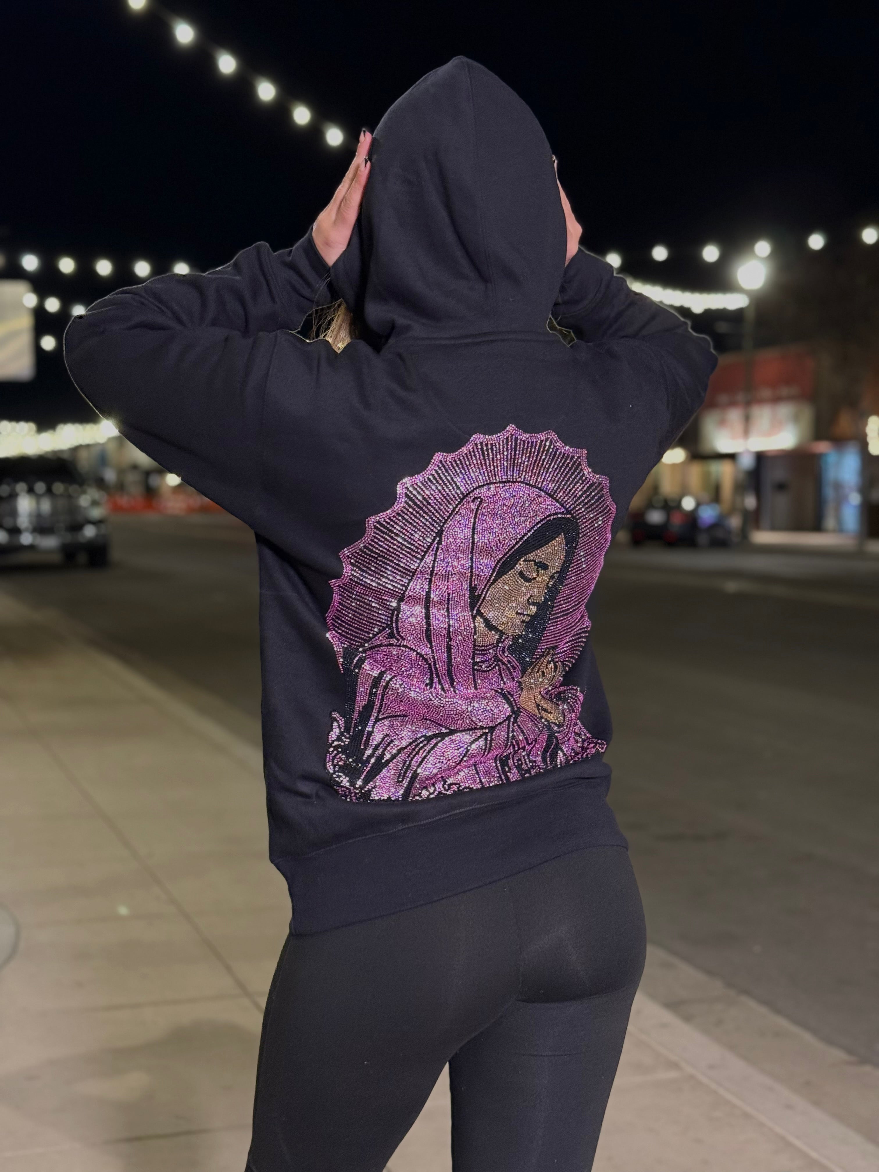 Virgin Mary Rhinestone Hoodie Uni-Sex PINK – Puro Desmadre Brand
