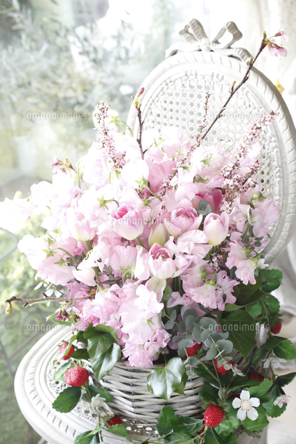 チューリップと桜とスィートピーのフラワーアレンジメント[21024008435