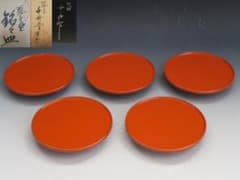 輪島塗】千舟堂 高台銘々皿 ワジマ千舟作 朱塗 高台黒塗 五客揃 天然木
