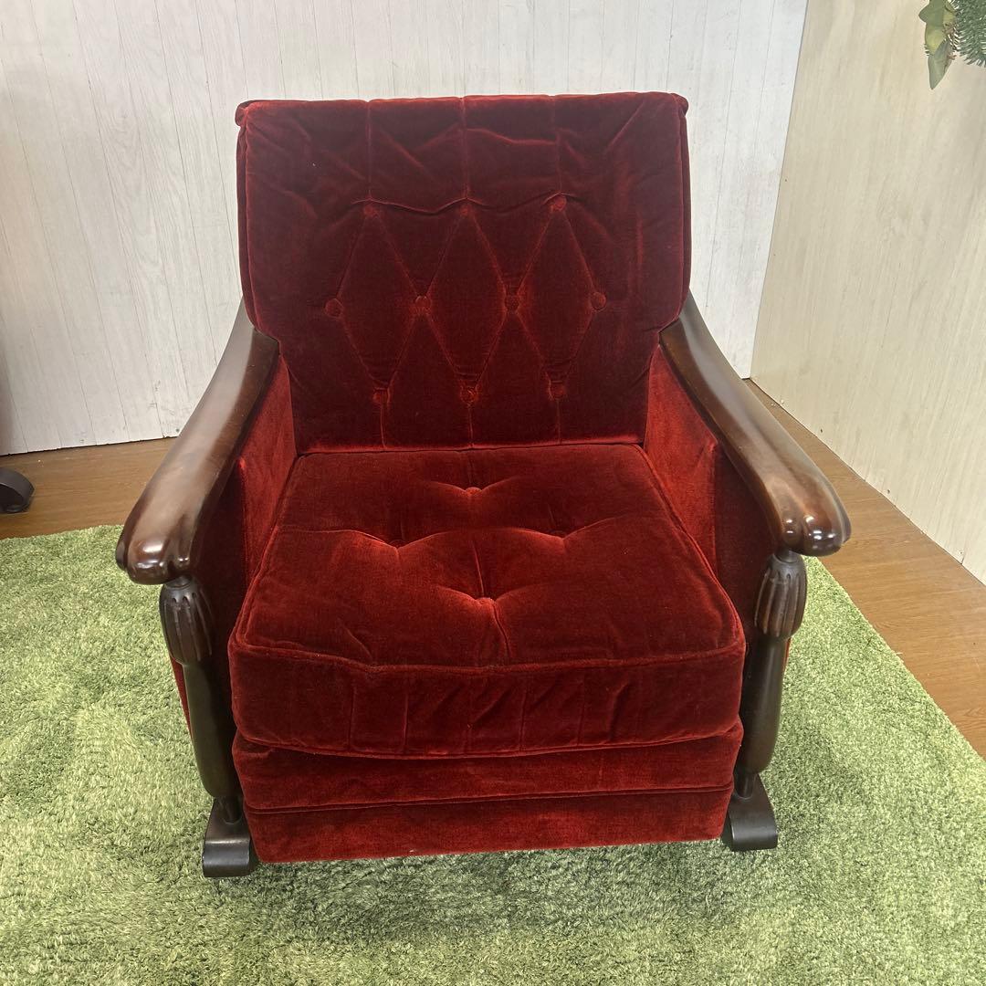 ②昭和レトロ 古家具 一人掛けベロアソファー アームチェア ヴィンテージ 赤 ① 昭和レトロ 古家具 一人掛けベロアソファー アームチェア