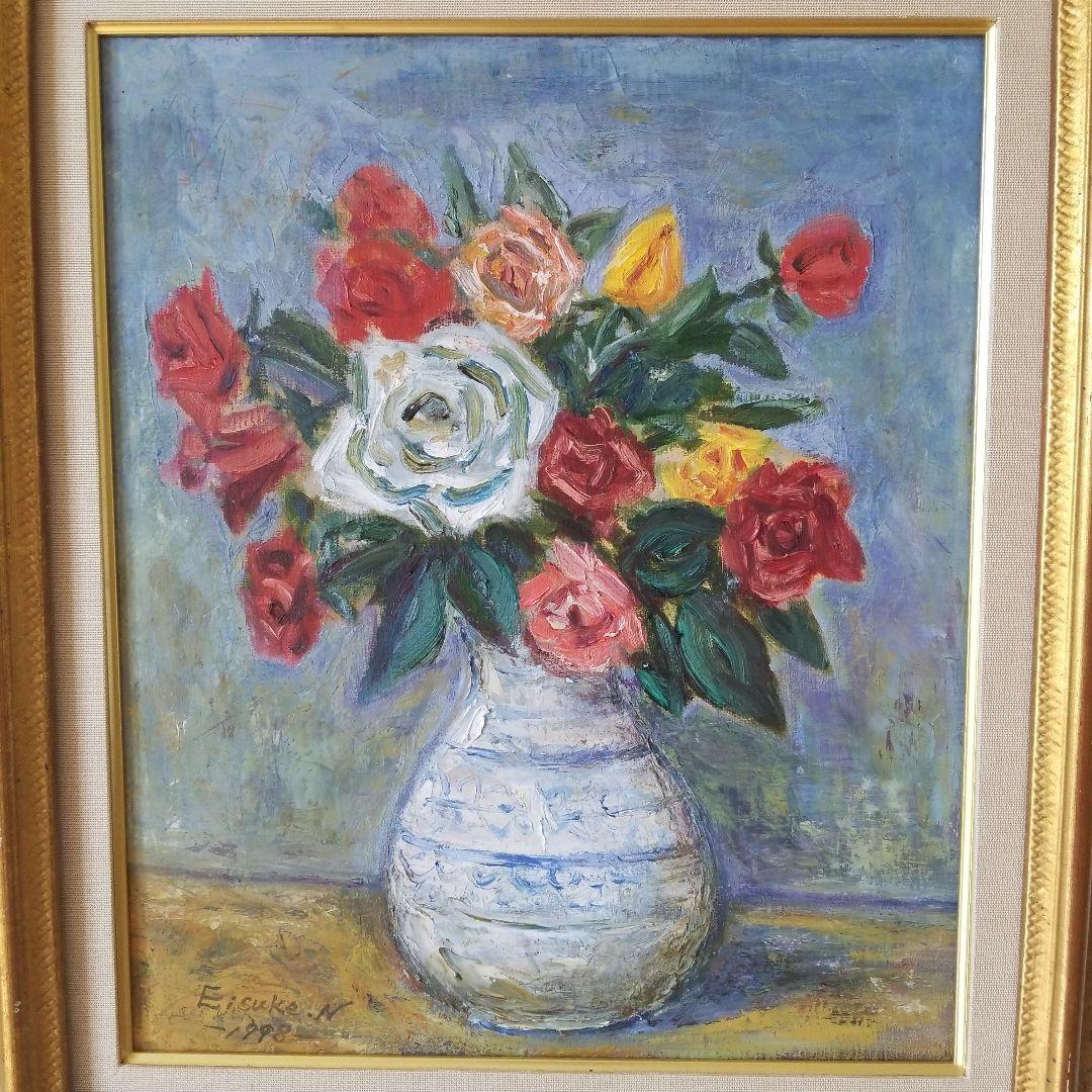 絵画　ばら《薔薇》静物画　油絵　F8 額付き