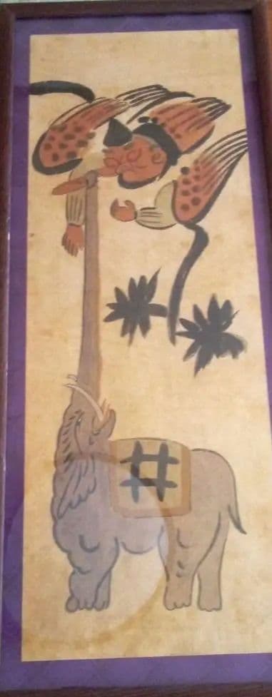 模写大津絵、天狗と象 耳付和紙色紙 『天狗と象』 - 大津絵の店 Online Shop