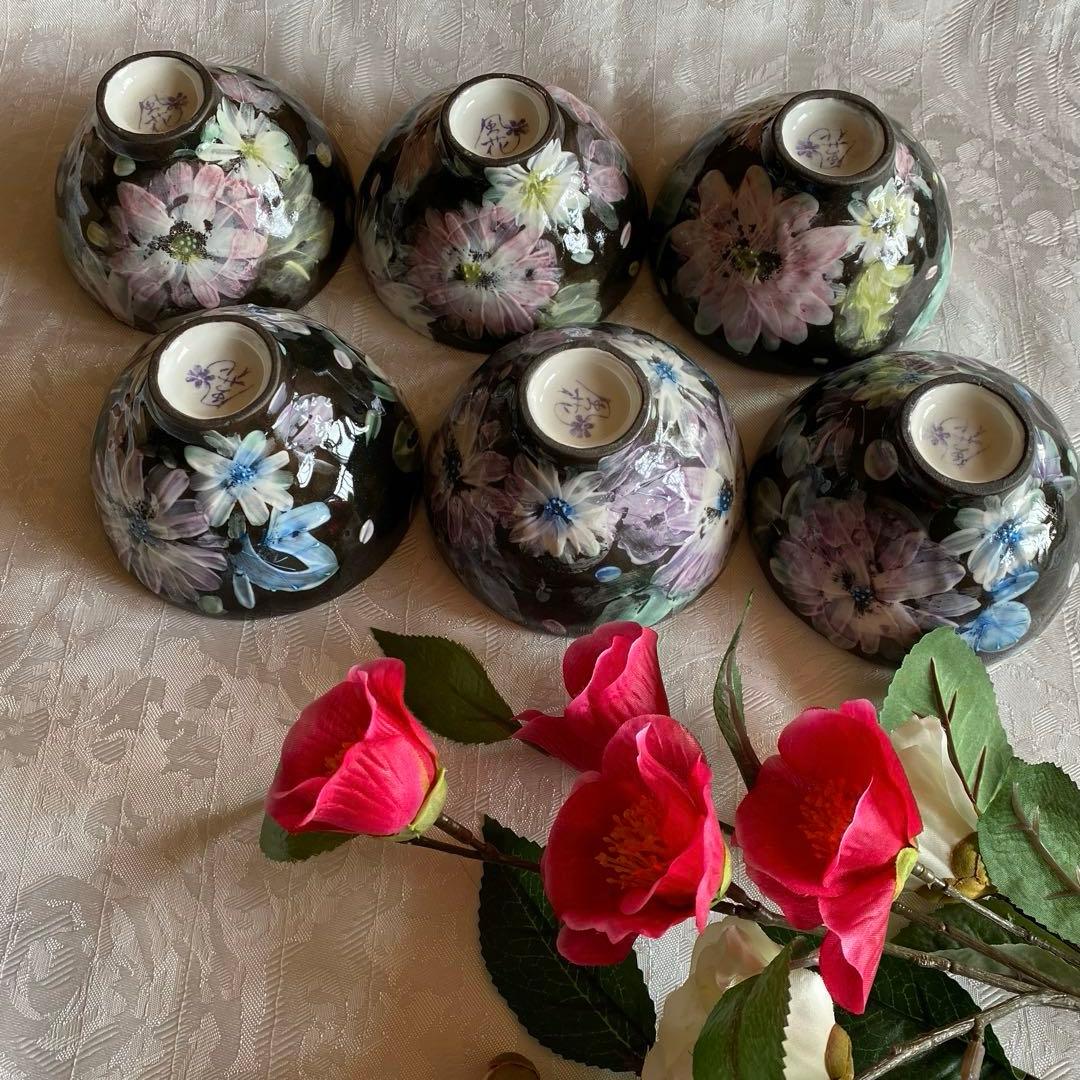 新品未使用　ゆずりは工房の風花　飯碗6個セット、湯呑み6個セット 工房ゆずりは 湯呑茶碗 色彩花 瀬戸焼 花柄 優しい感性 女性だけの工房