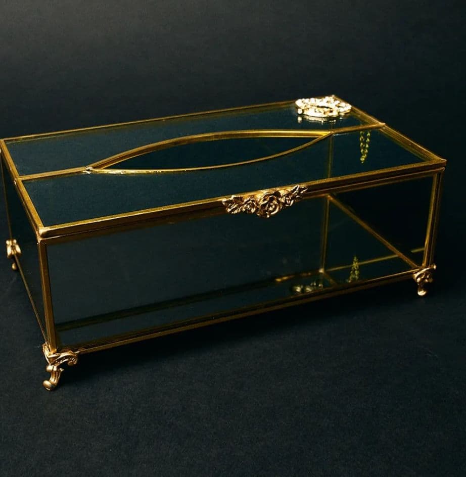 新品 ガラスと金属のティッシュボックス ティッシュケース ティッシュボックス ガラス 真鍮 ふた付き 蓋付き 約