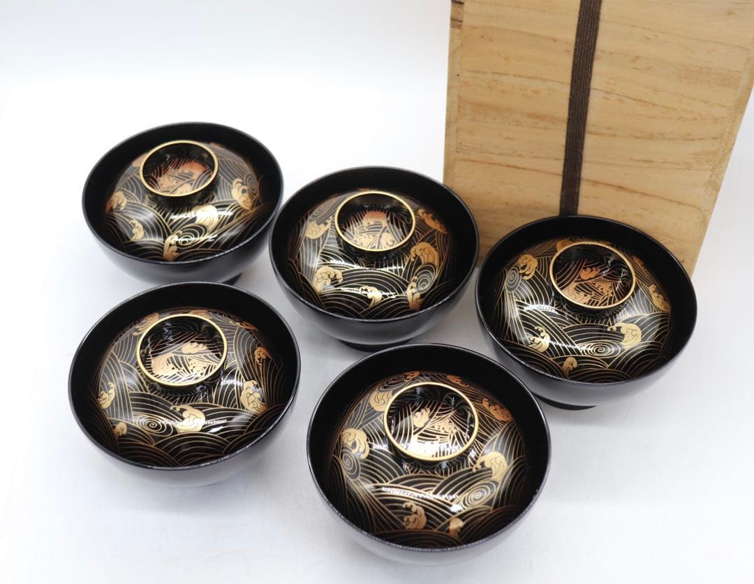 会津塗　蒔絵　波紋お椀5点　共箱　送料込み251210 Amazon.co.jp: DKG 会津塗 御汁椀揃 竹峰 蒔絵 春慶 鉄仙 袋形 会津