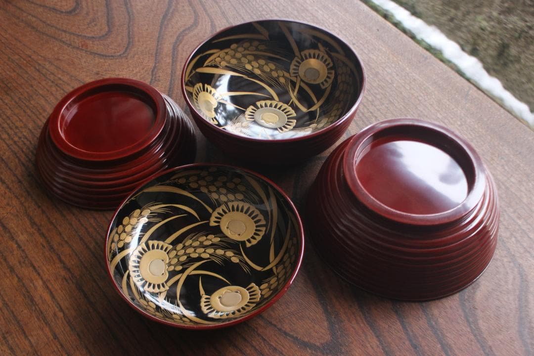 デッドストック！深みある糸目紅溜塗に極上稲穂福来雀蒔絵のお椀2点（検輪島塗雑煮椀 デッドストック！深みある糸目紅溜塗に極上稲穂福来雀蒔絵のお椀2