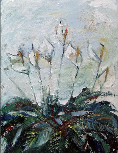 油絵 菅家令子 絵 絵画 インテリア uF6-111802 花 油絵 菅家令子 絵 絵画インテリア 額付(青緑＋金色の枠) F4-070602