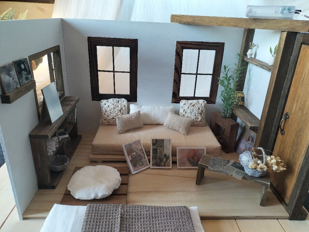 木製ドールハウス☆背景ボード☆ハンドメイド☆家具小物類一式セット