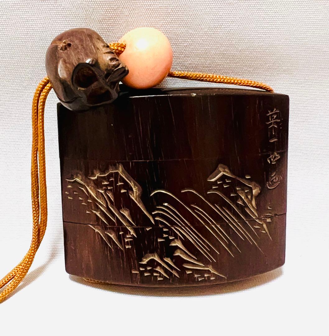 英一蝶画 如泉刻 唐獅子刻 印籠 木製 英一蝶 獅子舞図 | 古美術瀬戸
