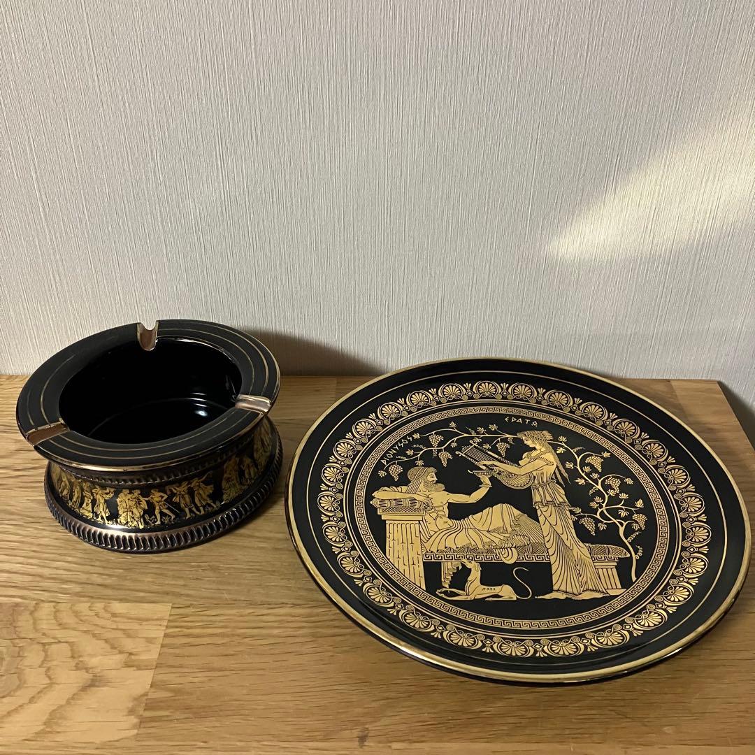 I.SPYROPOULOS ギリシャ 24K GOLD 飾り皿　灰皿 GREEK PORCELAIN HAND MADE IN GREECE BLACK 24K GOLD I. SPYROPOULOS