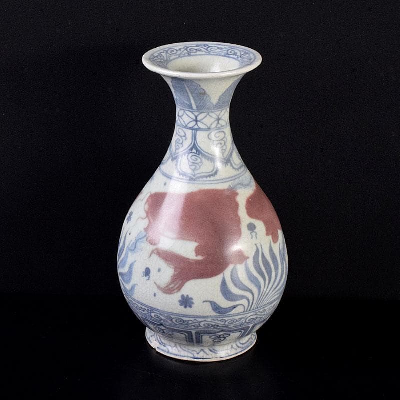 中国　青花釉裏紅　魚藻文　玉壺春瓶　C　7043 中国 青花釉裏紅 魚藻文 玉壺春瓶 C 7043